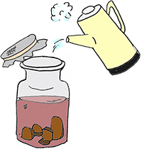 Drawing. Boiling water is poured into a jar with chaga pieces