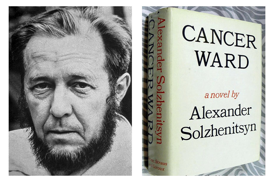 Cover of the book Cancer Ward and photograph of the writer Alexander Solzhenitsyn